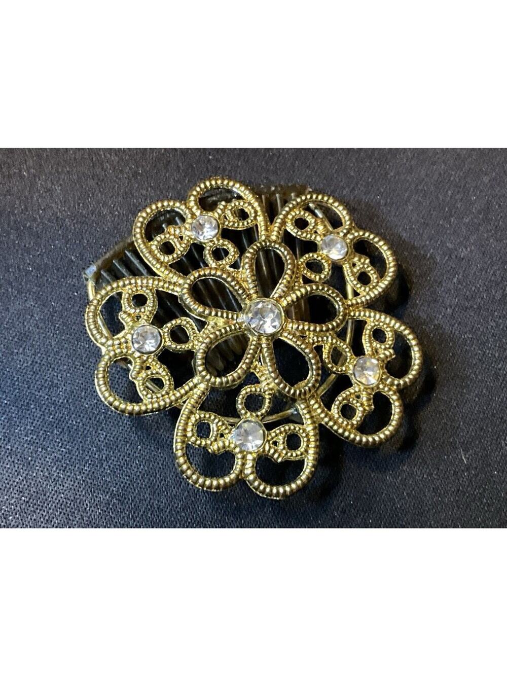 Vintage Gold Tone Filigree Hair Comb With Rhinestones